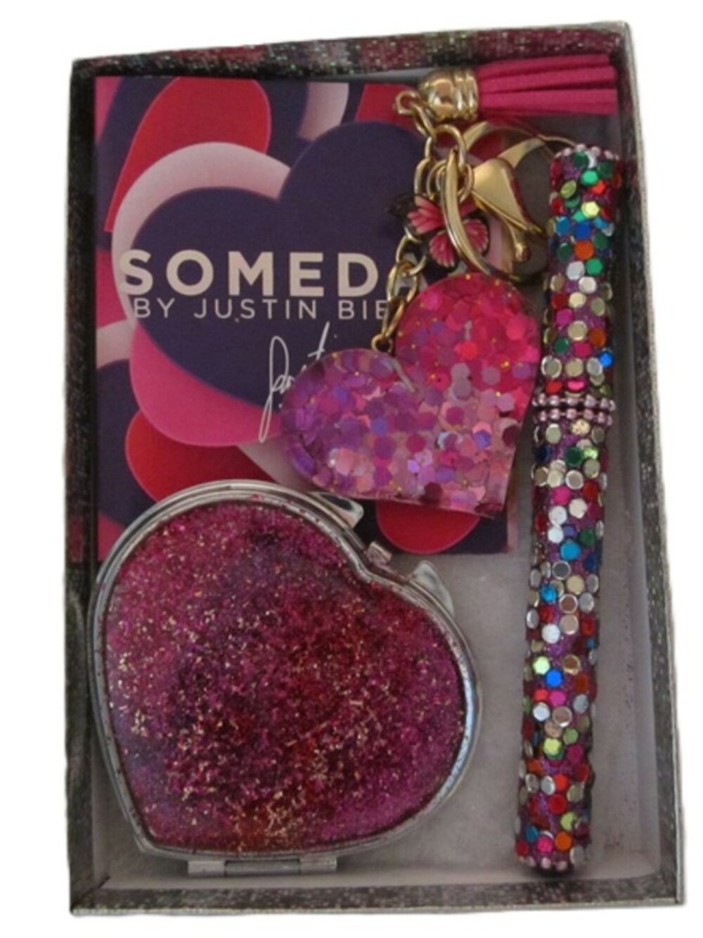 Glitter Heart Keychain, Mirror, Ink Pen. Scent Someday by Justin Bieber
